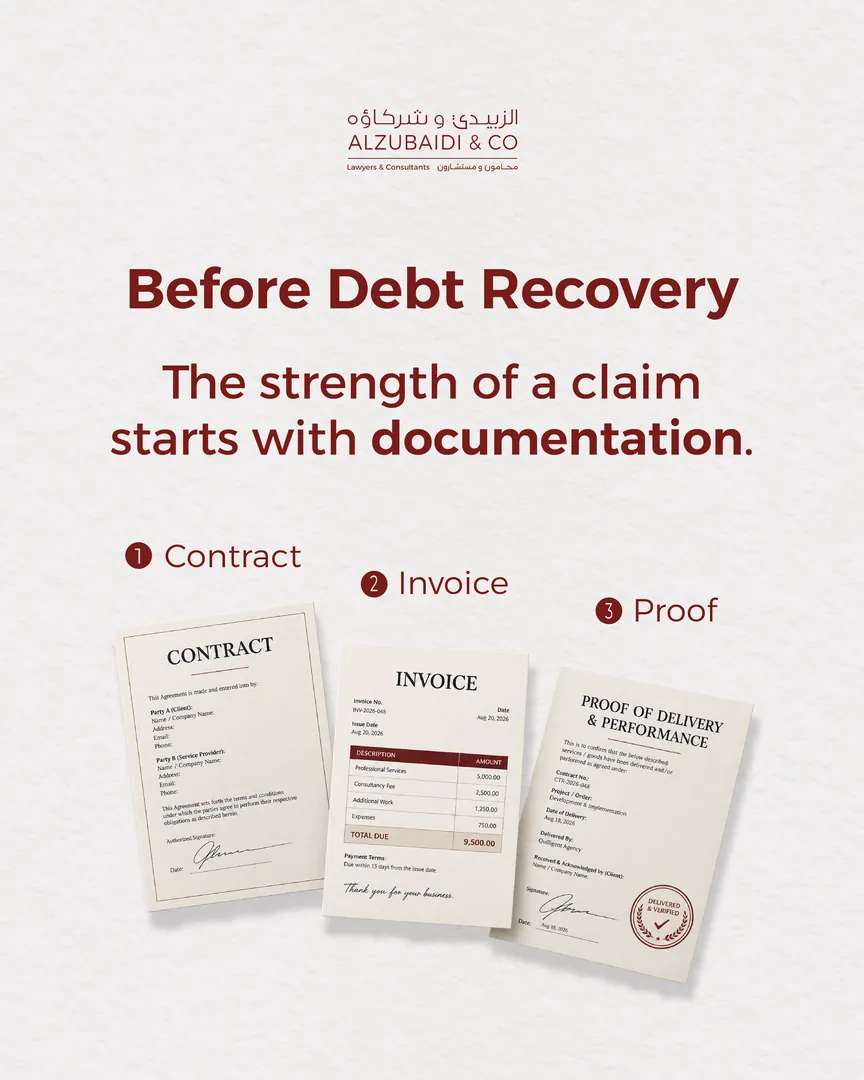 Al Zubaidi law firm post: Before debt recovery: the strength of a claim starts with documentation