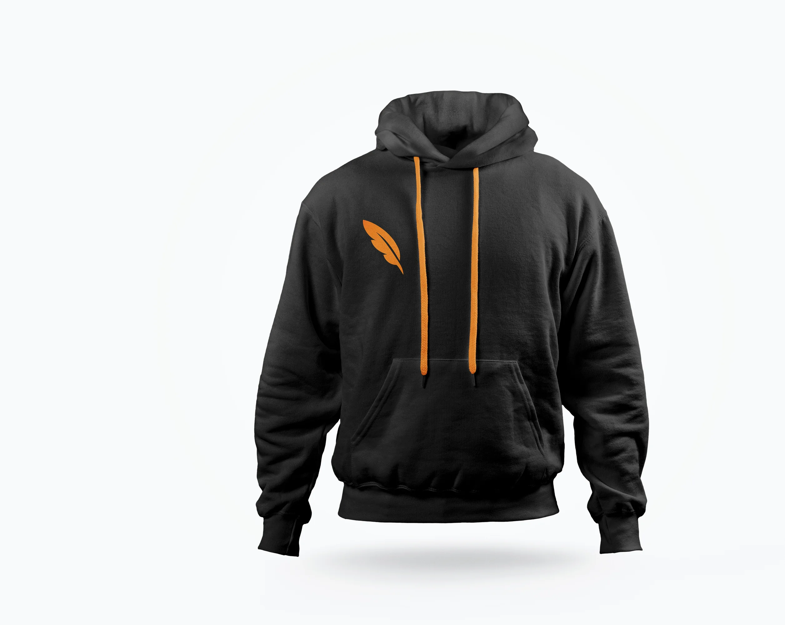 Black hoodie with the orange quill and orange drawstrings